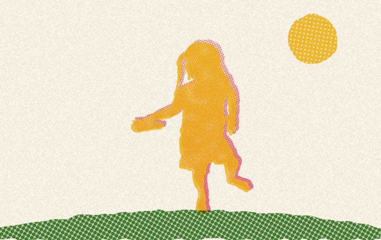 芝生の上で踊るように歌う女の子のイラスト